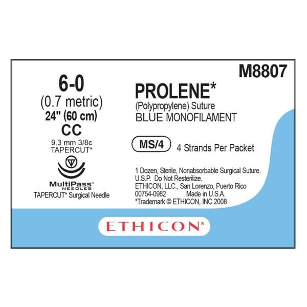 Prolene Suture 6-0 4-24" Polypropylene Monofilament CC/CC Blue 12/Bx