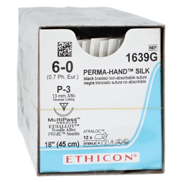 Perma-Hand Suture 6-0 1x18" Silk Braid P-3 Black 12/Bx