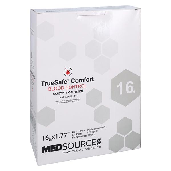 TrueSafe Blood Control IV Catheter Push Button 16 Gauge 1.77" Gray 50/Bx, 4 BX/CA