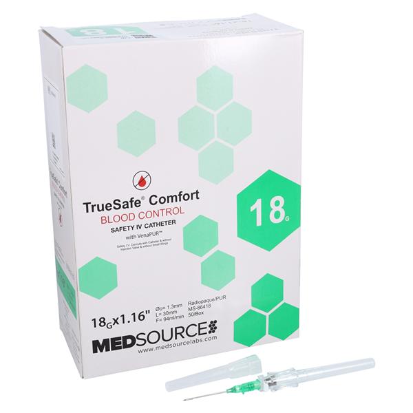 TrueSafe Blood Control IV Catheter Push Button 18 Gauge 1.16" Green 50/Bx, 4 BX/CA
