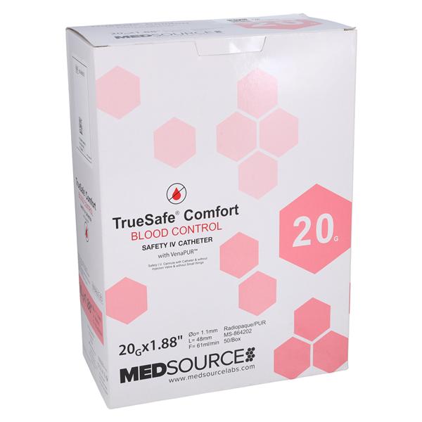 TrueSafe Blood Control IV Catheter Push Button 20 Gauge 1.88" Pink 50/Bx, 4 BX/CA