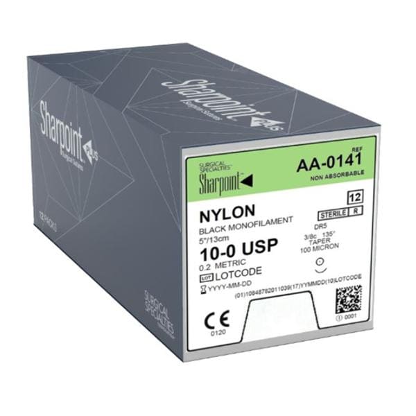 Sharpoint Suture 10-0 5" Nylon Monofilament DR-5 Black 12/Bx