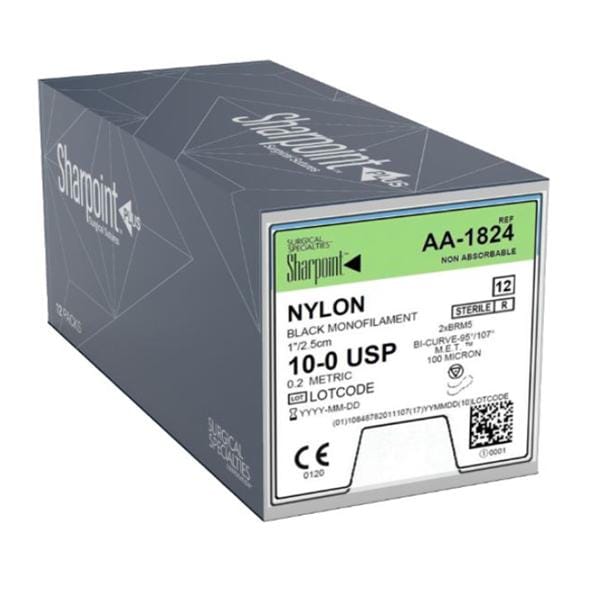 Sharpoint Suture 10-0 1" Nylon Monofilament BRM-5/BRM-5 Black 12/Bx
