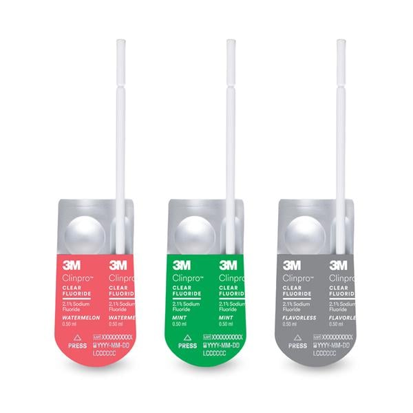 3M Clinpro Clear Fluoride Treatment Vrnsh UD 2.1% NaF 0.5 mL Asst Flvr 800/Pk