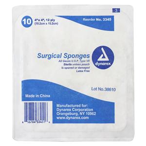 100% Cotton Gauze Sponge 8x4" 12 Ply Sterile Not Made With Natural Rubber Latex