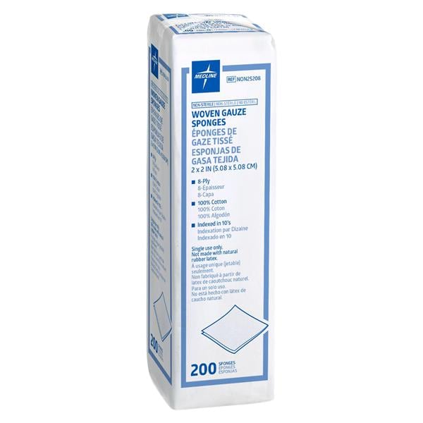 100% Cotton Woven Gauze Sponge 2x2" 8 Ply Non-Sterile LF, 25 PK/CA