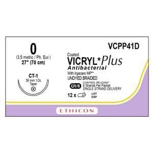 Vicryl Plus Suture 0 8-27" Triclosan/Polyglactin 910 Braid CT-1 Undyed 12/Bx