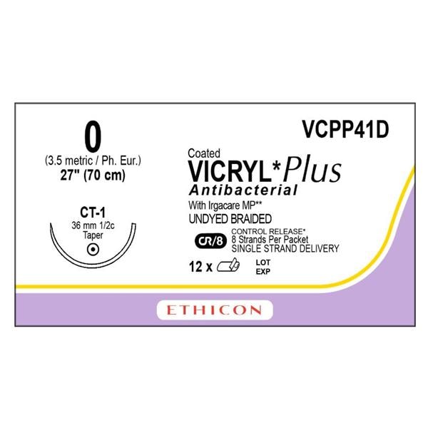Vicryl Plus Suture 0 8-27" Triclosan/Polyglactin 910 Braid CT-1 Undyed 12/Bx