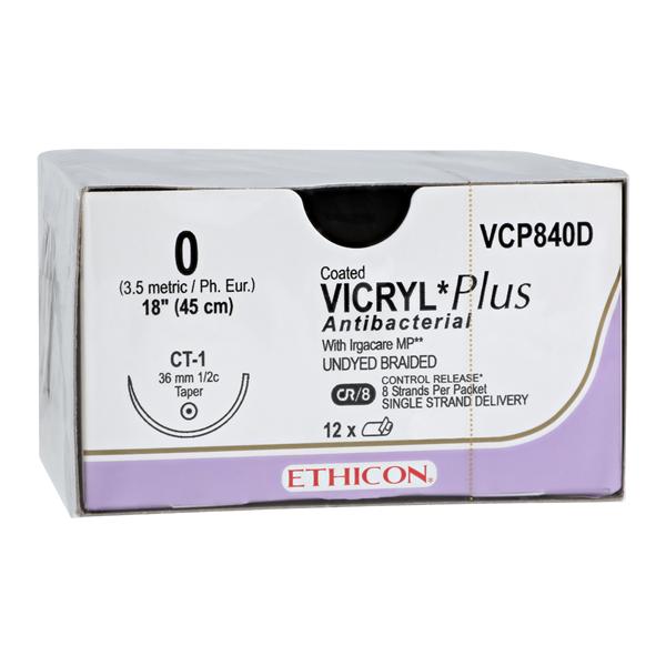 Vicryl Plus Suture 0 8-18" Triclosan/Polyglactin 910 Braid CT-1 Undyed 12/Bx