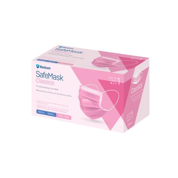 SafeMask Classic Face Mask ASTM Level 1 Pink 50/Bx, 10 BX/CA