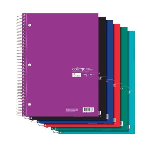 Wirebound Notebook 5 Subjects College Ruled 180 Sheets Assorted 8.5"x11"