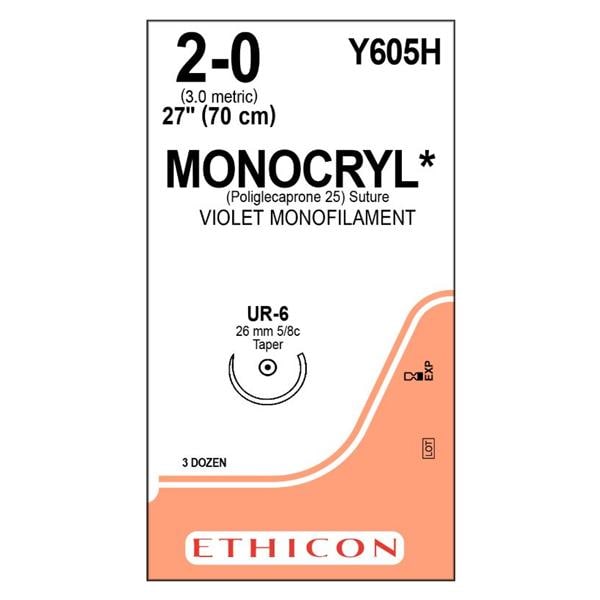 Monocryl Suture 2-0 27" Poliglecaprone 25 Monofilament UR-6 Violet 36/Bx