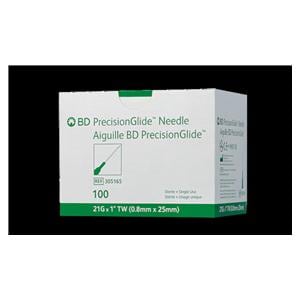 PrecisionGlide Hypodermic Needle 21gx1" Green Conventional Low Dead Space 100/Bx
