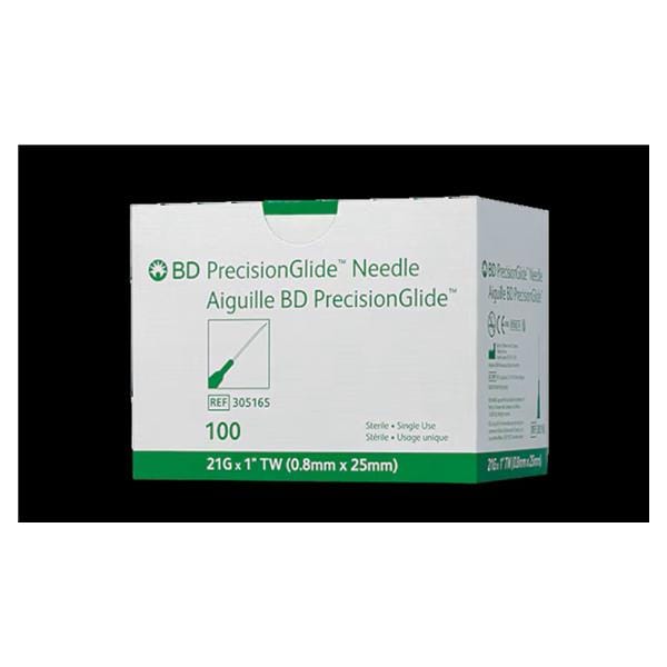 PrecisionGlide Hypodermic Needle 21gx1" Green Conventional Low Dead Space 100/Bx